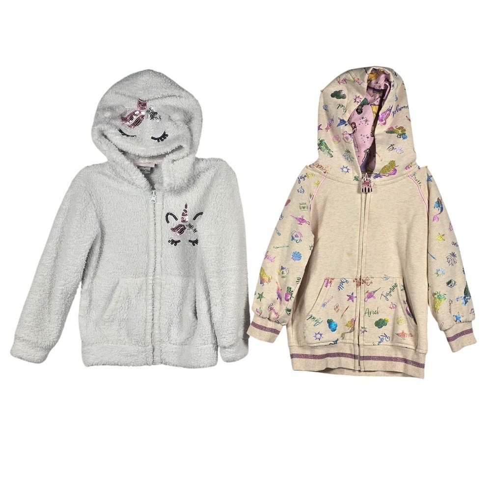 Girls Hoodie Bundle 2pc Size 4 Disney Princess Glitter & Girls Love Pink Unicorn